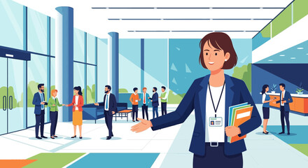 Professional Woman Welcoming Visitors inside Contemporary Office Building for Conferences