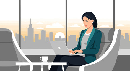 Professional Woman Working On Laptop Near Window Showing City Background Ambience Illustration