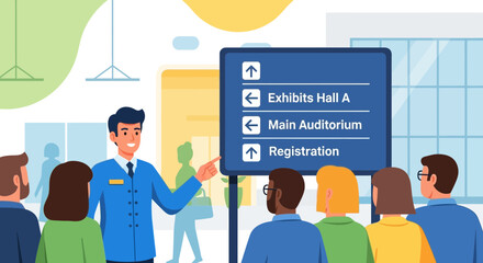 Providing Directions At Event, Convention Hall With Guide, Attendees, And Signage