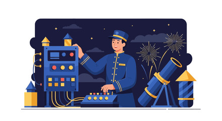 Pyrotechnician Controls Fireworks Show With Electronic Panel And Celebratory Display