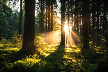 Naklejka premium Sunlight rays piercing through tall pine trees in dense forest create warm and peaceful atmosphere with vibrant green moss and foliage on forest floor