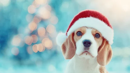 Fotobehang Dierenarts A close up of a beagle dog wearing a soft red Santa hat. The backdrop features bright holiday lights, creating a joyful mood perfect for the festive season  © tashechka