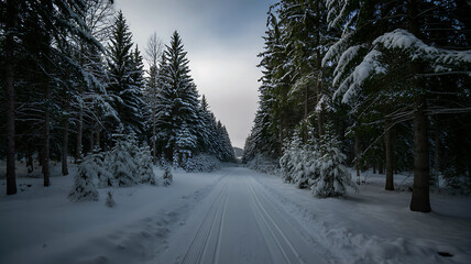 Snowy forest path leading through dense pine trees under a cloudy winter sky
