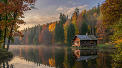 Serene autumn landscape with lake reflection and cabin amidst colorful fall foliage