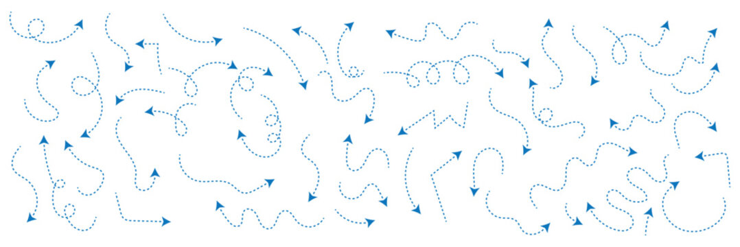 Hand drawn dotted arrows. Hand drawn freehand different curved lines, swirls arrows. Curved arrow line. Doodle, sketch style. Isolated Vector illustration.