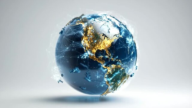 A crystal globe on a blue or white background with a visible map of the continents of global business and geography