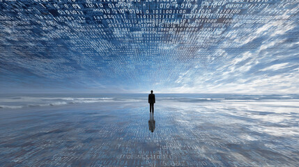 A man stands alone on a tranquil shore, surrounded by a sea of flowing binary code. The sky reflects the digital world, suggesting endless possibilities in technology and data