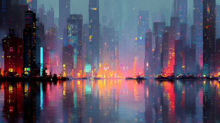 A modern city skyline reflected on a calm water surface, with a vibrant display of lights at night