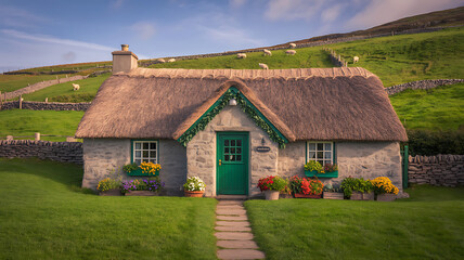 Charming thatched cottage nestled in lush green rural landscape under cloudy sky