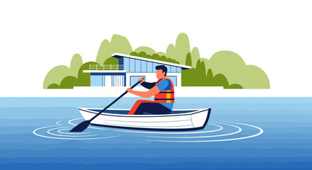 Rowing Man Floats In A Boat Near Modern Architecture And Lush Green Hills