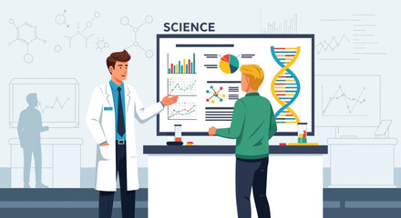 Scientific Discussion Illustrated: A Professor Explains Complex Data Visuals on a Large Screen
