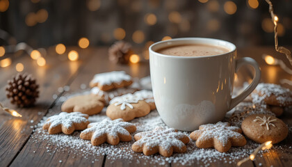Christmas cookies and hot cocoa on a wooden table, surrounded by fairy lights, cozy festive vibe