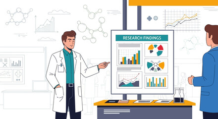 Scientist Presenting Research Data, Graphs, And Diagrams For Scientific Exploration And Analysis.