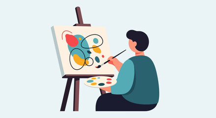 Artist painting on canvas with brush and palette.