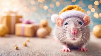 An adorable rat sporting a joyful Santa hat smiles while surrounded by colorful Christmas decorations and wrapped gifts. The scene captures the festive spirit perfectly