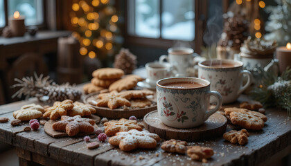 Christmas cookies and hot cocoa on a wooden table, surrounded by fairy lights, cozy festive vibe