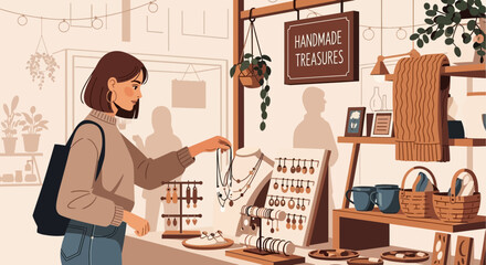 Shopping For Exquisite Handmade Jewelry And Decorations At A Craft Market Stall