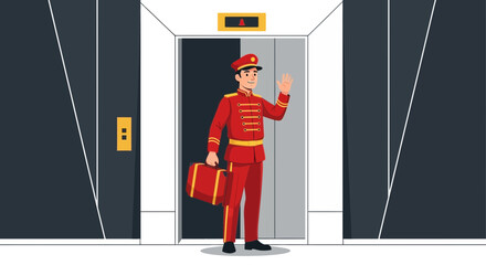 Smiling Bellhop in Formal Attire Welcoming Guests and Holding a Red Suitcase at Elevator