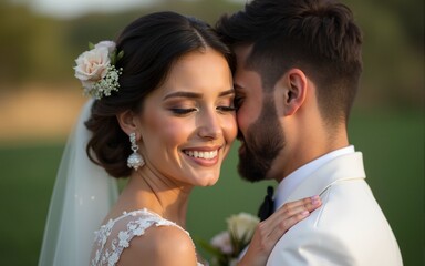 Close up photo of a bridegroom embracing a bride. High quality