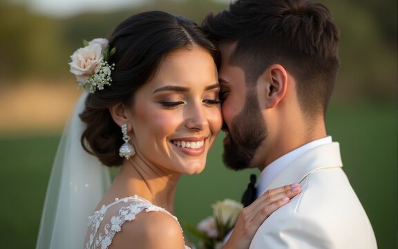Close up photo of a bridegroom embracing a bride. High quality
