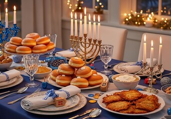 A beautifully set Hanukkah dinner table with glowing menorahs, traditional sufganiyot, and crispy latkes, creating a warm, festive atmosphere for holiday celebration