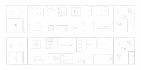 Simple line drawing floor plan of a modern apartment with furniture and outdoor elements