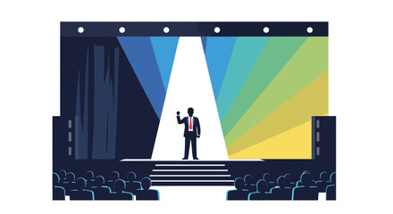 Speaker Gives A Presentation In Front Of An Audience On A Stage With Lights And Colors