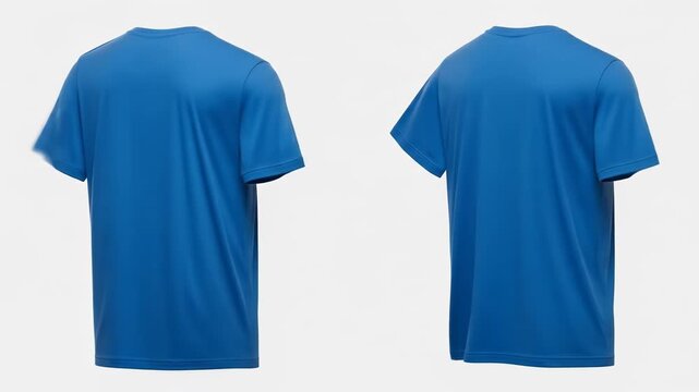 Two plain bright blue short-sleeve t-shirts, back views, with round necks, isolated on a white background