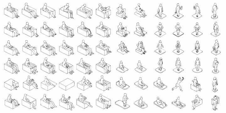 Collection of isometric line drawings depicting various human figures in sitting and standing poses