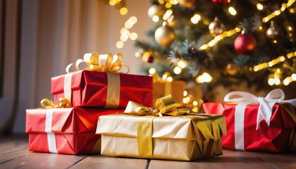 Christmas presents stacked under a glowing tree, bokeh background
