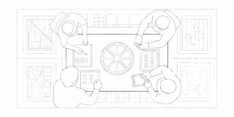 Top view sketch of a team collaborating around a table with documents and charts