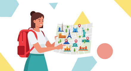 Tourist's Travel Itinerary: Woman Planning International Adventures With Map and Landmarks