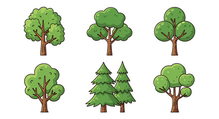 Illustration of collection of six cartoon trees isolated on white background