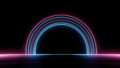 Illuminated archway of glowing neon lights in a dark futuristic environment with reflective surface and abstract design
