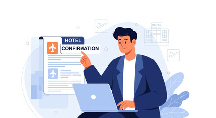 Travel Booking Illustration: Businessman Checking Hotel Confirmation on Laptop for Trip.