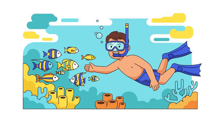 Underwater Adventure: Snorkeler Interacting with Colorful Fish in a Vivid Aquatic Scene