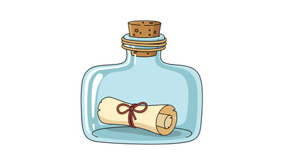 A rolled-up scroll tied with a red ribbon is sealed inside a glass bottle with a cork.