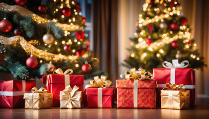 Christmas presents stacked under a glowing tree, bokeh background