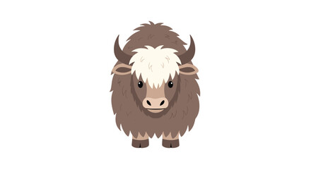 A cute fluffy yak standing facing forward with a white mane and large horns.