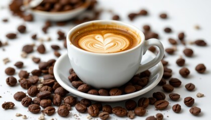 Fototapeta premium Latte Art Coffee Cup with Roasted Beans