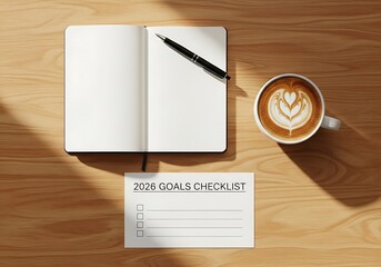 Planning the future with a 2026 goals checklist, an empty journal for writing aspirations, and morning coffee