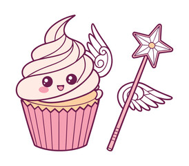 Cute Cupcake Sticker With Delicate Wings Sparkle Vector Illustration
