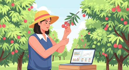 Precision farming: woman managing orchard yield with data analysis tools