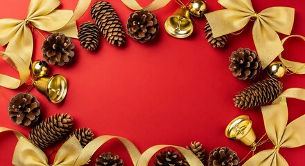 A festive Christmas arrangement of pinecones, golden bells, and satin ribbons on a vibrant red background, creating a holiday border.