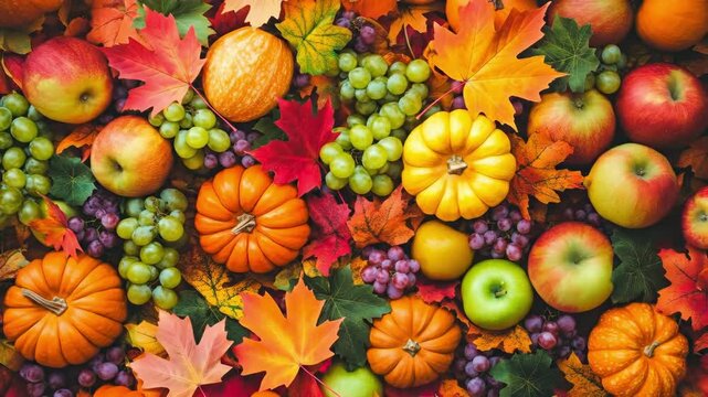 Vibrant autumn harvest top view with pumpkin, apple, and grape. Celebrate Thanksgiving and Halloween with seasonal abundance.