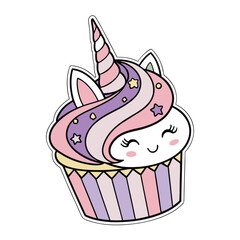 Magical Cupcake Sticker With Unicorn Horn Vector Illustration Cute