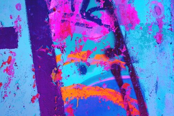 Vivid graffiti art with neon pink, orange on blue background. Urban 90s, funky style, vibrant colors, expressive patterns. Street art, creative design, modern 2000s visuals, digital art.