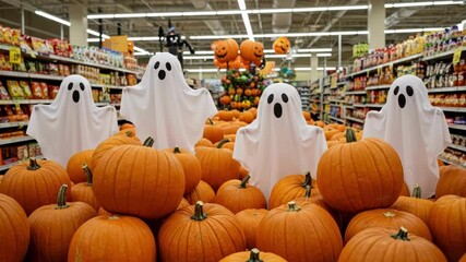 Halloween ghosts and pumpkins in a store. Seasonal decoration for fall and holiday shopping. Market display for autumn celebration. - Powered by Adobe