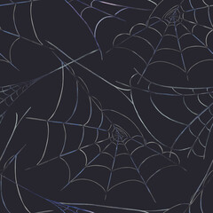 Spider web with thin threads forming a natural cobweb seamless pattern. Hand drawn watercolor illustration in grey and black color on isolated dark background for Halloween fabric, wallpaper, biology.