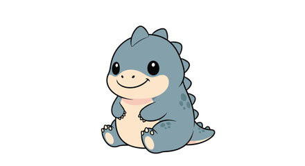 A cute little cartoon dinosaur sitting with a friendly expression and its hands on its belly.